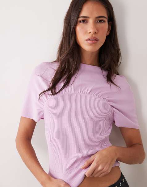 ASOS DESIGN top i finstrik med rynkedetalje og korte ærmer i lyserød - view 1