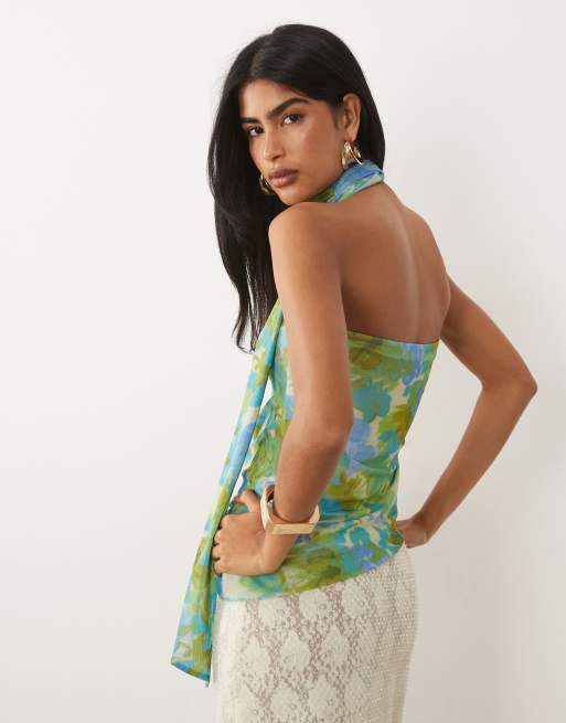 ASOS DESIGN - Top i mesh med blomsterprint og knude samt pufdesign og tørklædedetalje, 4 af 4