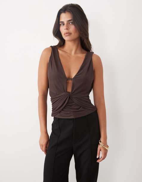 ASOS DESIGN top i mesh med dyb udskæring og drapering i chokolade - view 1