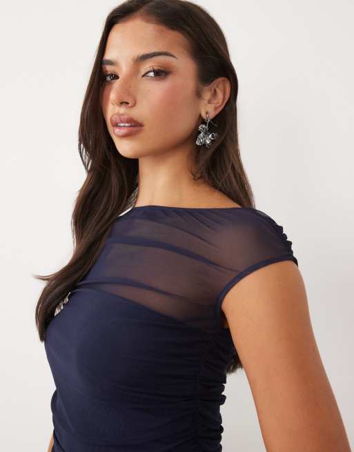 ASOS DESIGN top i mesh med korte ærmer, rynket og offshoulder, i navy, 3 af 4
