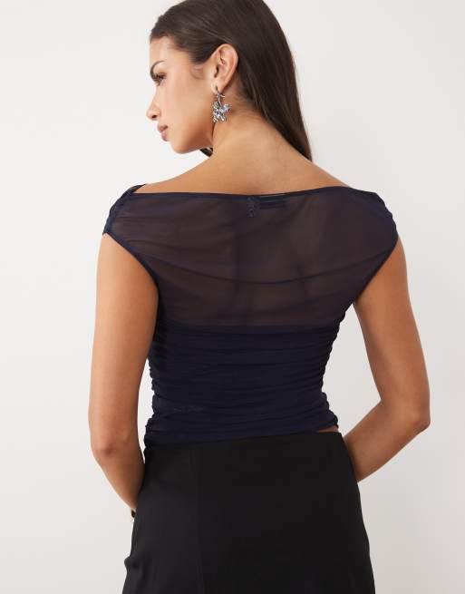 ASOS DESIGN top i mesh med korte ærmer, rynket og offshoulder, i navy, 4 af 4