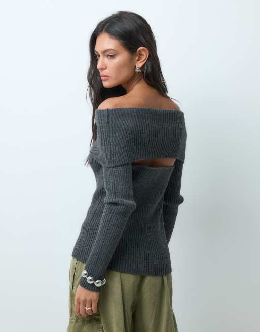 ASOS DESIGN top i strik med åben ryg og bardot-snit i koksgrå, 4 af 5