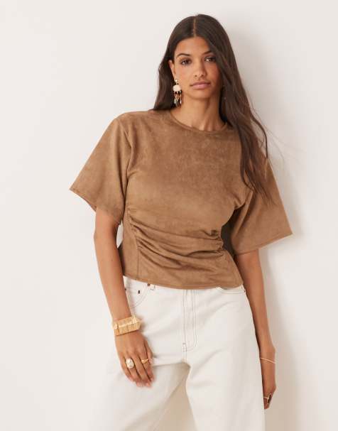 ASOS DESIGN - Top in camoscio sintetico color cioccolato stretto in vita - view 1