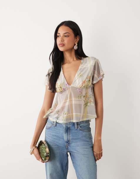ASOS DESIGN - Top in chiffon elasticizzato con stampa a fiori e maniche con volant - view 1