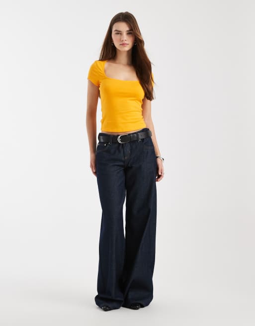 ASOS DESIGN - Top in cotone arancione con scollo squadrato e maniche ad aletta, 4 di 4