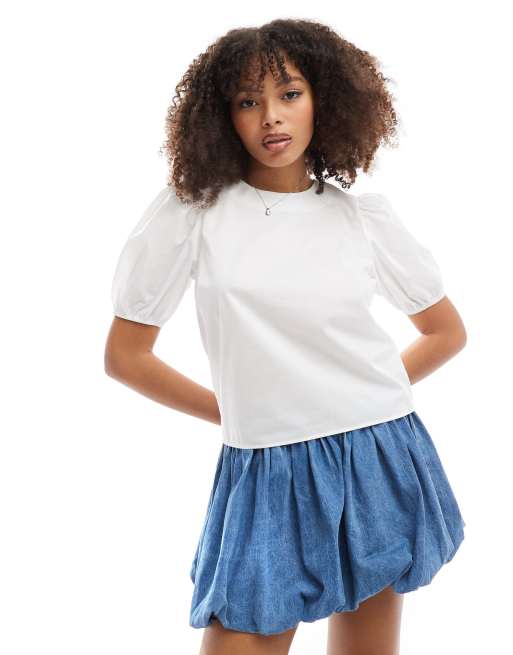 ASOS DESIGN - Top in cotone bianco con maniche a sbuffo