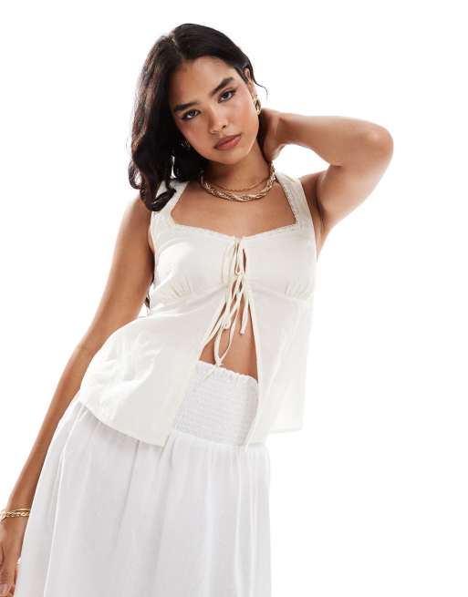 ASOS DESIGN - Top in cotone bianco con spalline sottili e laccetti sul davanti