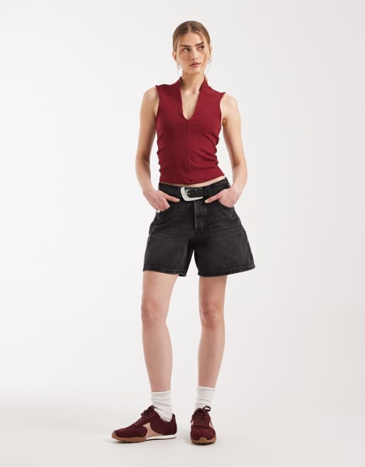 ASOS DESIGN - Top in cotone compatto bordeaux con scollo profondo, 3 di 4