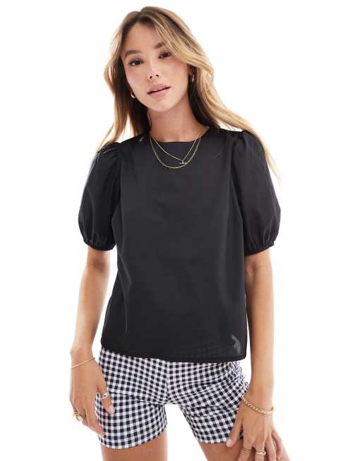 ASOS DESIGN - Top in cotone nero con maniche a sbuffo