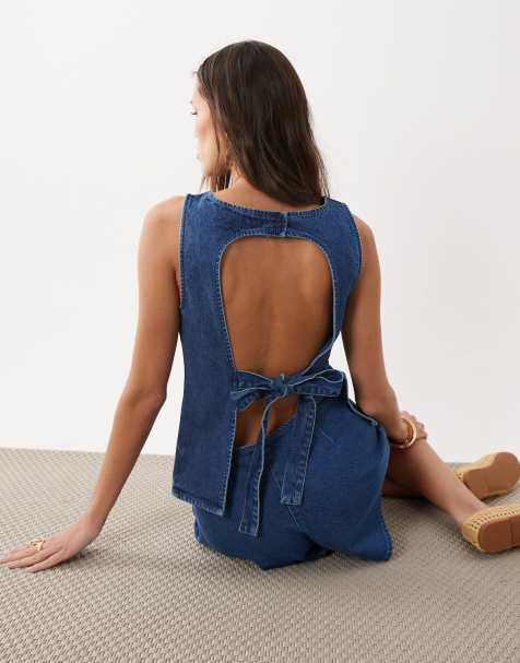 ASOS DESIGN - Top in denim allacciato dietro blu medio in coordinato - view 1