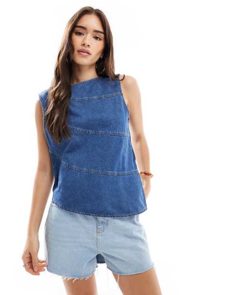 ASOS DESIGN - Top in denim asimmetrico color blu medio con cuciture a vista - view 1