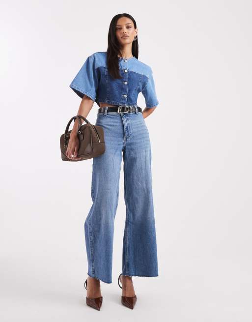 ASOS DESIGN - Top in denim color blu medio con bottoni e pannelli a contrasto, 2 di 4