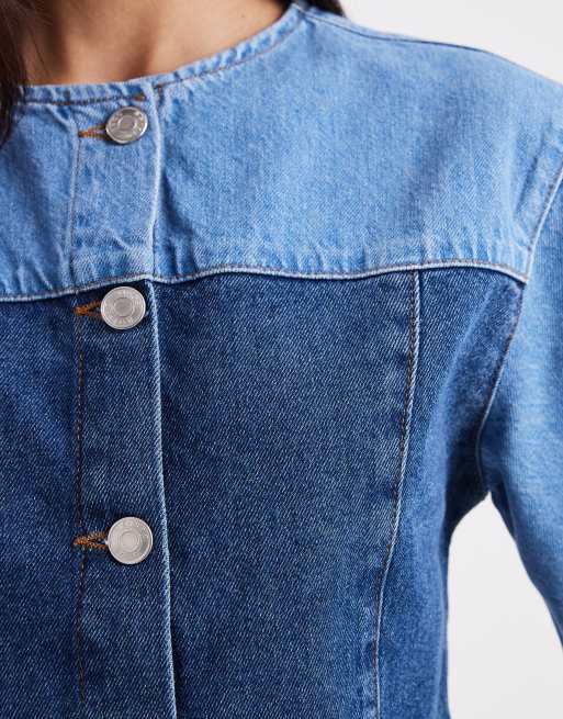 ASOS DESIGN - Top in denim color blu medio con bottoni e pannelli a contrasto, 4 di 4