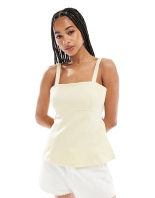 ASOS DESIGN - Top in denim giallo latticello con spalline sottili e peplo - view 1
