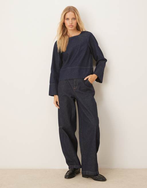 ASOS DESIGN - Top in denim lavaggio rinse wash con fondo allungato e maniche svasate, 4 di 4