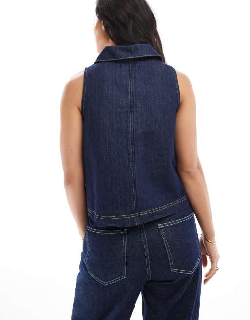 ASOS DESIGN - Top in denim senza maniche blu indaco con colletto e bottoni, 3 di 4
