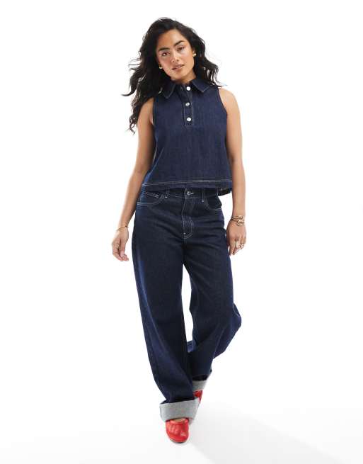 ASOS DESIGN - Top in denim senza maniche blu indaco con colletto e bottoni, 4 di 4