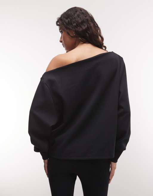 ASOS DESIGN top in interlock nero con spalle scoperte e vestibilità comoda, 3 di 4