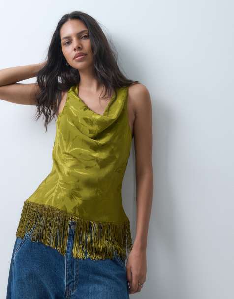 ASOS DESIGN top in jacquard satinato con scollo ad anello e frange color oliva - view 1