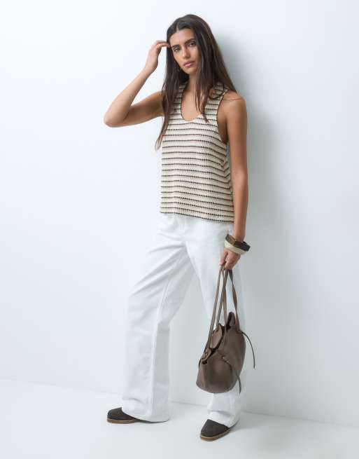 ASOS DESIGN - Top in jersey all'uncinetto marrone a righe con scollo rotondo in coordinato, 4 di 4