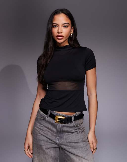 ASOS DESIGN - Top in jersey morbido nero con dettaglio in rete in vita