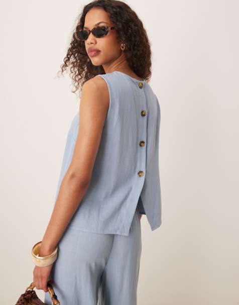 ASOS DESIGN - Top in lino blu con bottoni in coordinato - view 1