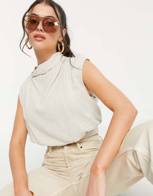 ASOS DESIGN - Top in lino color pietra con drappeggio sul collo