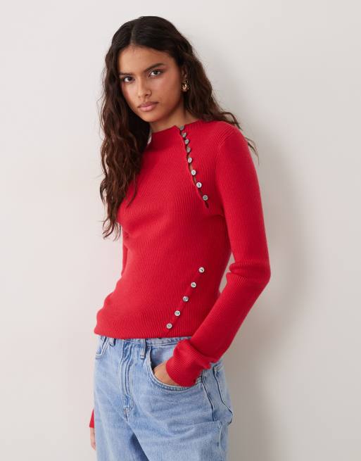 ASOS DESIGN top in maglia a coste con dettaglio bottoni a maniche lunghe rosso, 1 di 4