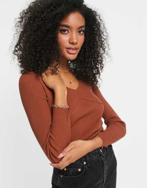 ASOS DESIGN - Top in maglia a coste con dettaglio con corsetto marrone