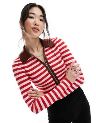 ASOS DESIGN - Top in maglia a righe rosa e rosse con zip