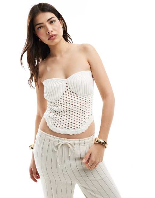 ASOS DESIGN - Top in maglia all'uncinetto a fascia color crema
