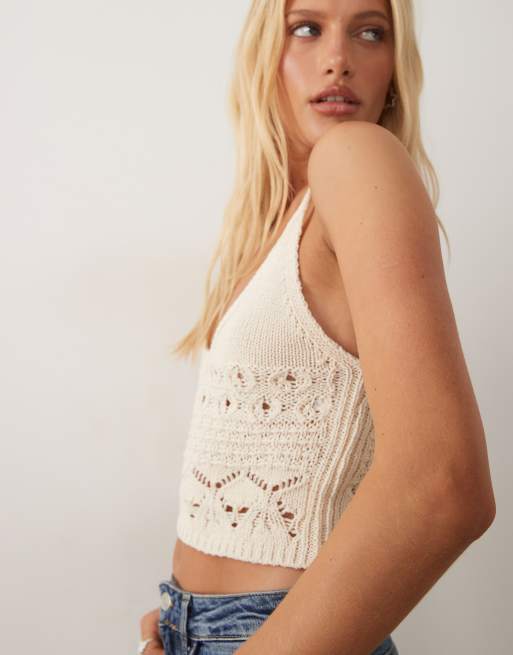 ASOS DESIGN - Top in maglia all'uncinetto color panna, 4 di 4