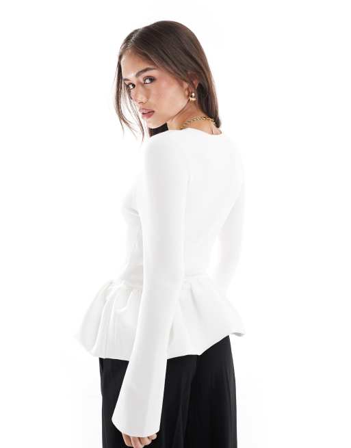 ASOS DESIGN - Top in maglia color crema con peplo lavorato, 4 di 4