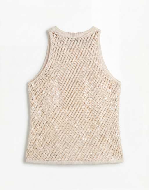 ASOS DESIGN - Top in maglia crema con paillettes sul davanti, 6 di 8