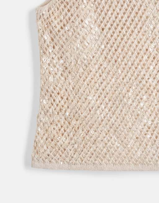 ASOS DESIGN - Top in maglia crema con paillettes sul davanti, 8 di 8