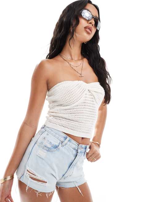ASOS DESIGN - Top in maglia écru con dettaglio incrociato sul petto