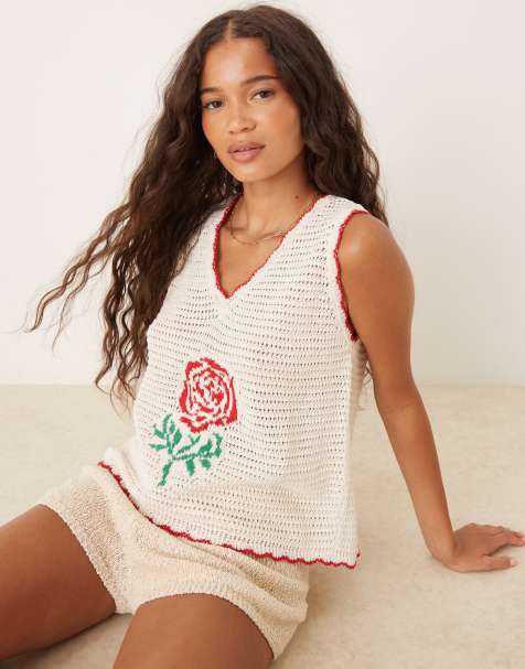 ASOS DESIGN - Top in maglia écru con motivo di rosa e cuciture stile uncinetto - view 1