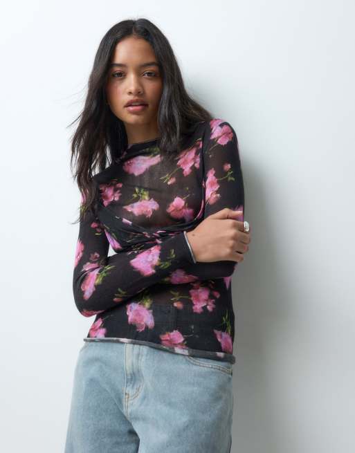 ASOS DESIGN top in maglia effetto seconda pelle con dettaglio brassière e stampa floreale, 1 di 5
