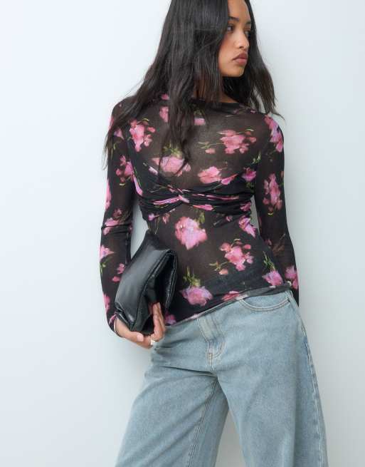 ASOS DESIGN top in maglia effetto seconda pelle con dettaglio brassière e stampa floreale, 4 di 5