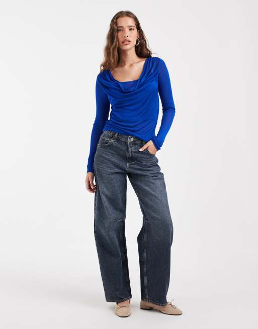 ASOS DESIGN top in maglia fine con scollo ad anello drappeggiato blu, 2 di 4