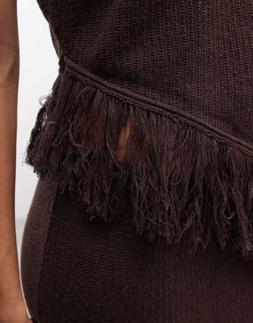 ASOS DESIGN - Top in maglia marrone con frange asimmetriche in coordinato, 4 di 4