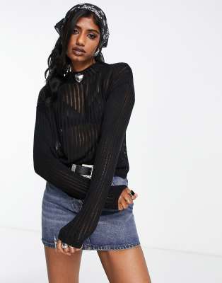 ASOS DESIGN - Top in maglia nero a coste con cuciture smagliate trasparenti
