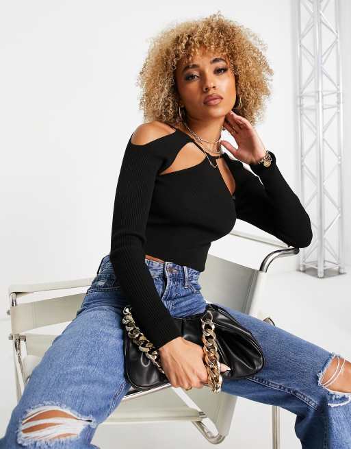 ASOS DESIGN - Top in maglia nero con cut-out sul collo e sulle spalle