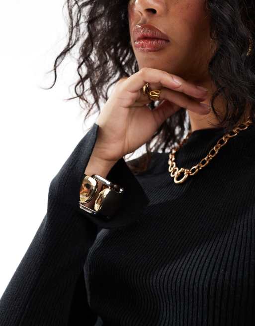 ASOS DESIGN - Top in maglia nero con scollo a barchetta, 2 di 4