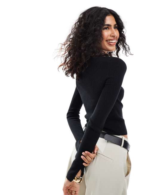 ASOS DESIGN - Top in maglia nero con scollo a barchetta, 4 di 4