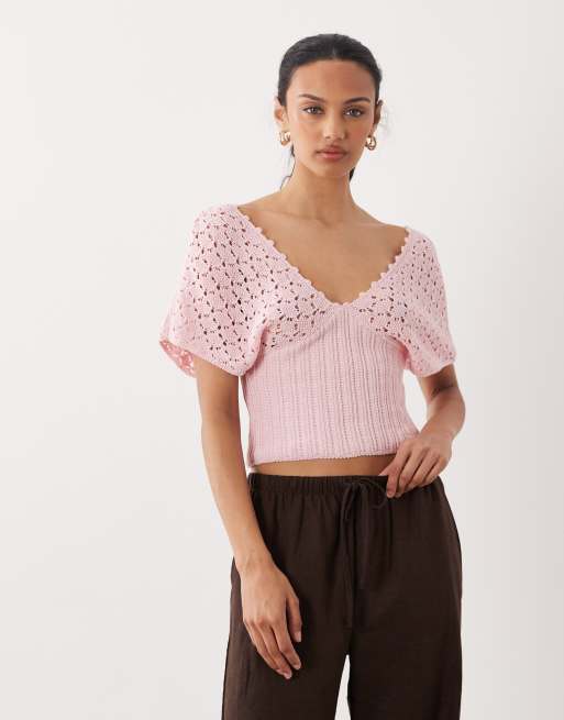 ASOS DESIGN - Top in maglia rosa con scollo profondo stretto in vita, 3 di 4