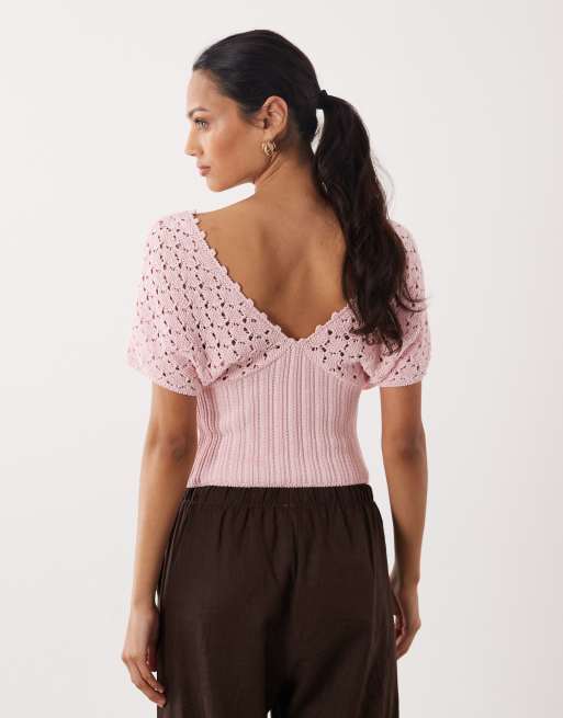 ASOS DESIGN - Top in maglia rosa con scollo profondo stretto in vita, 4 di 4