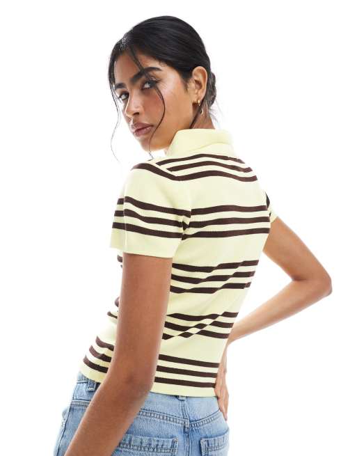 ASOS DESIGN - Top in maglia sottile stile rugby giallo a righe con maniche corte, 2 di 4