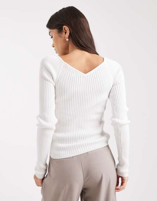 ASOS DESIGN - Top in maglia strutturata color crema con scollo a V, 4 di 4