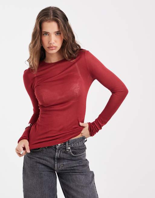 ASOS DESIGN top in maglia trasparente morbida con arricciatura laterale rosso, 2 di 4